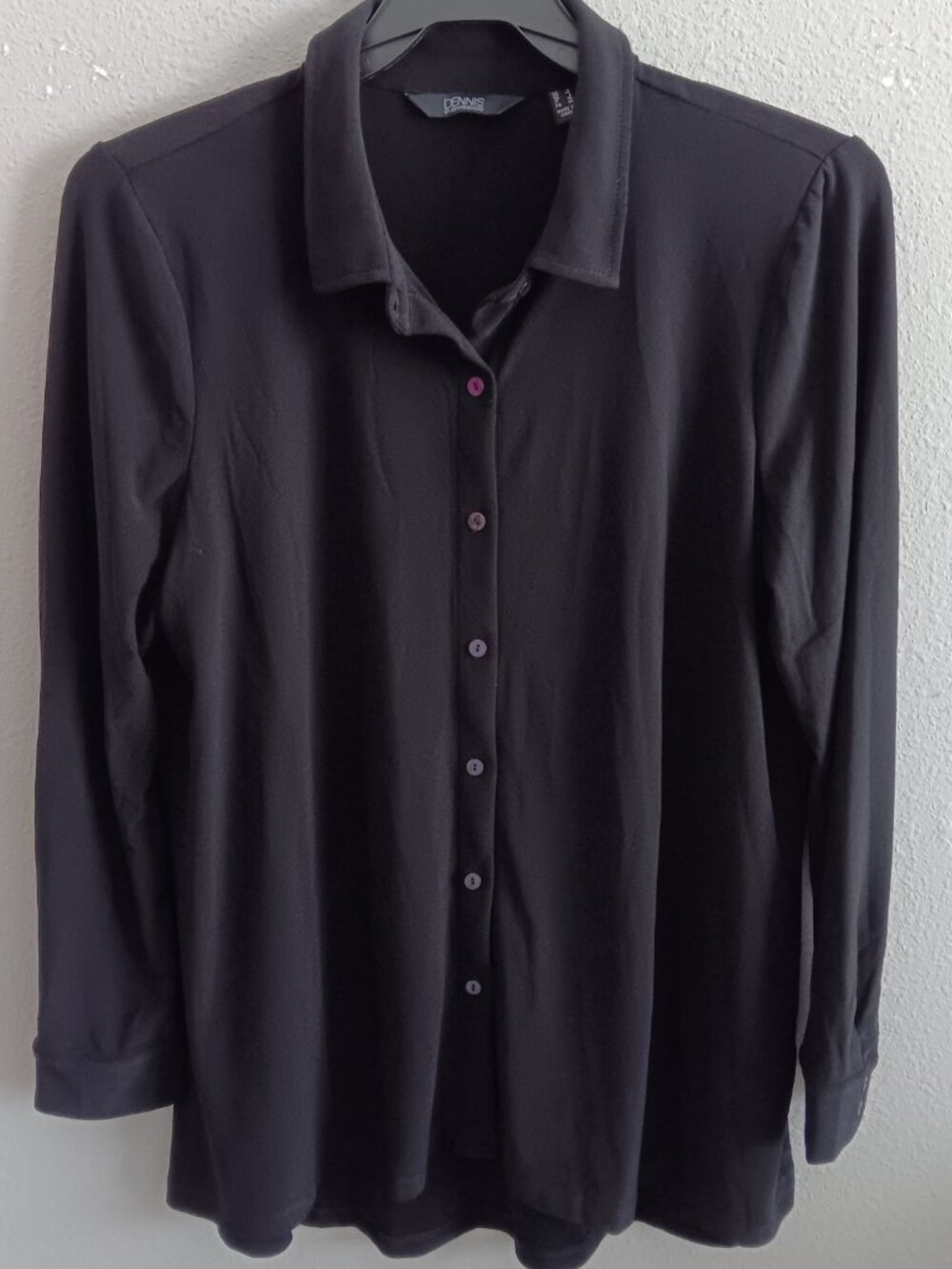 Dennis Basso Caviar Crepe Knit Button Front Big Shirt w/ Hi-Low Hem, Black Sz L - Picture 3 of 4